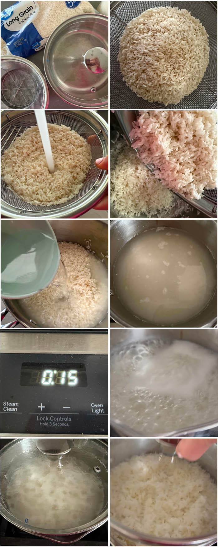 10-photo picture collage of How to Make Rice on the Stovetop.