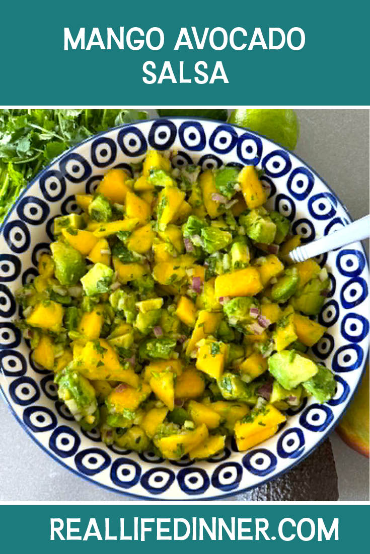 Pinterest picture of Mango Avocado Salsa with the text of the title at the top.