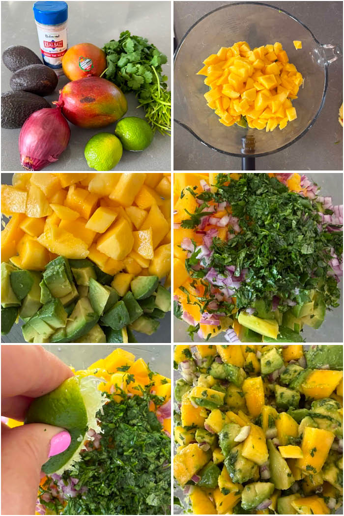 6-photo picture collage of step-by-step photos of how to make Mango Avocado Salsa