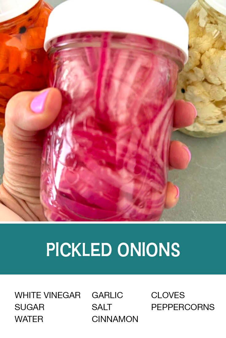 Pinterest picture of Pickled Onions with the text of the ingredients at the bottom and the text of the title above the ingredients list.