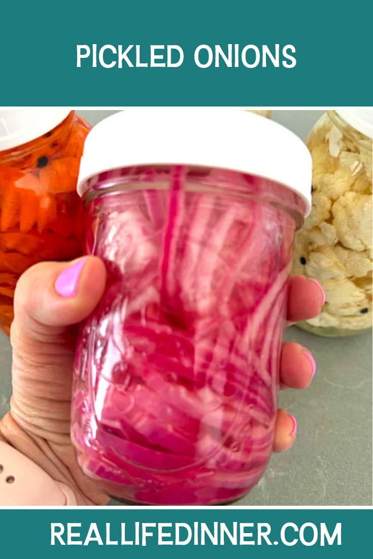 Pinterest picture of Pickled Onions with the text of the title at the top.