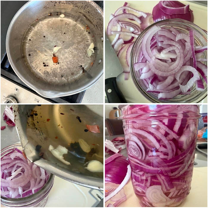 4-photo picture collage of how to make Pickled Onions.
