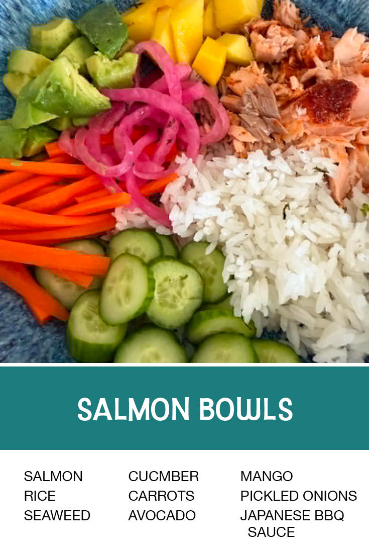 Pinterest picture of Salmon Bowls with the text of the ingredients at the bottom and the text of the title above the ingredients.
