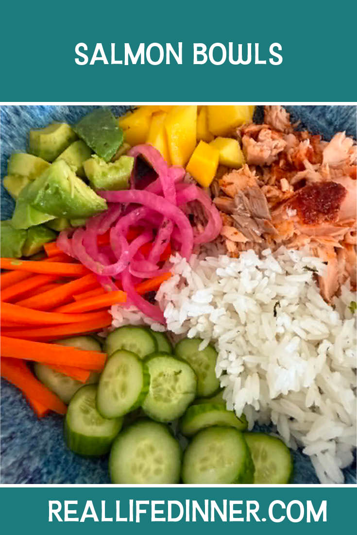 Pinterest picture of Salmon Bowls with the text of the title at the top.