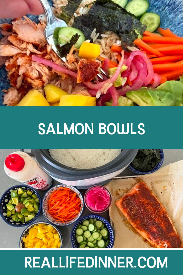 Two-photo Pinterest picture of Salmon Bowls with the text of the title in the middle, separating the two photos.