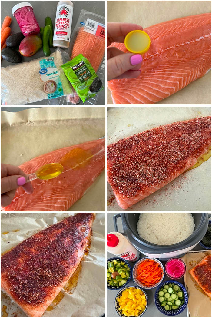 6-photo picture collage of step-by-step photos of How to make Salmon Bowls.