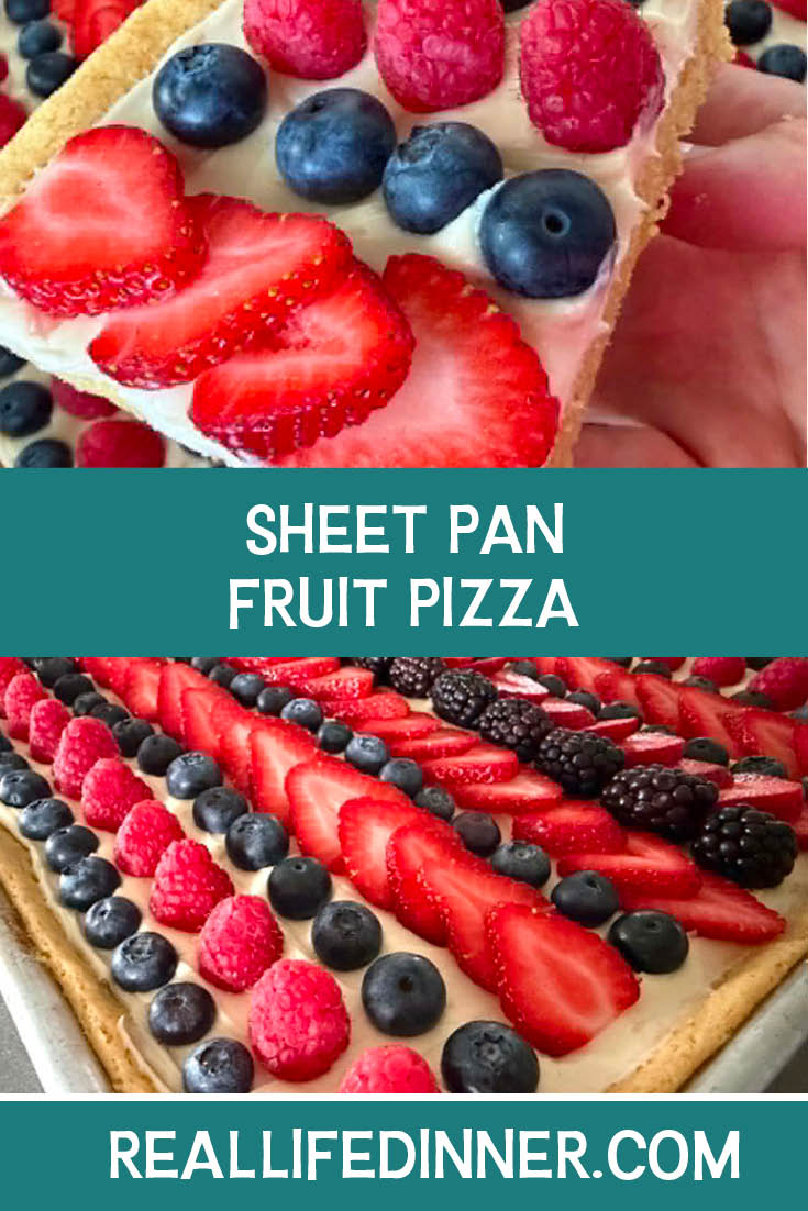Two-photo Pinterest picture of Sheet Pan Fruit Pizza with the text of the title in the middle, separating the two photos.