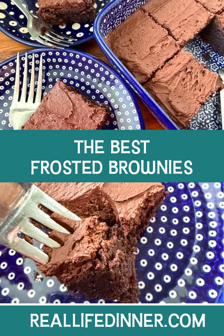 Two-photo Pinterest picture of The Best Frosted Brownies with the text of the title in the middle, separating the two photos.
