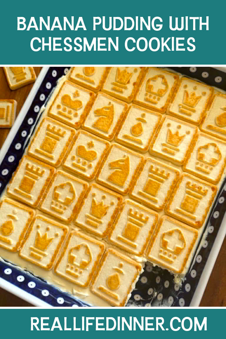 Pinterest picture of Banana Pudding with Chessmen Cookies with the text of the title at the top.
