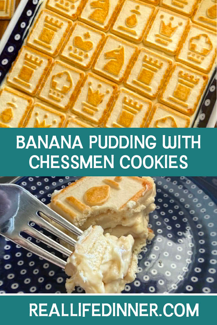 Two-photo Pinterest picture of Banana Pudding with Chessmen Cookies with the text of the title in the middle, separating the two photos.
