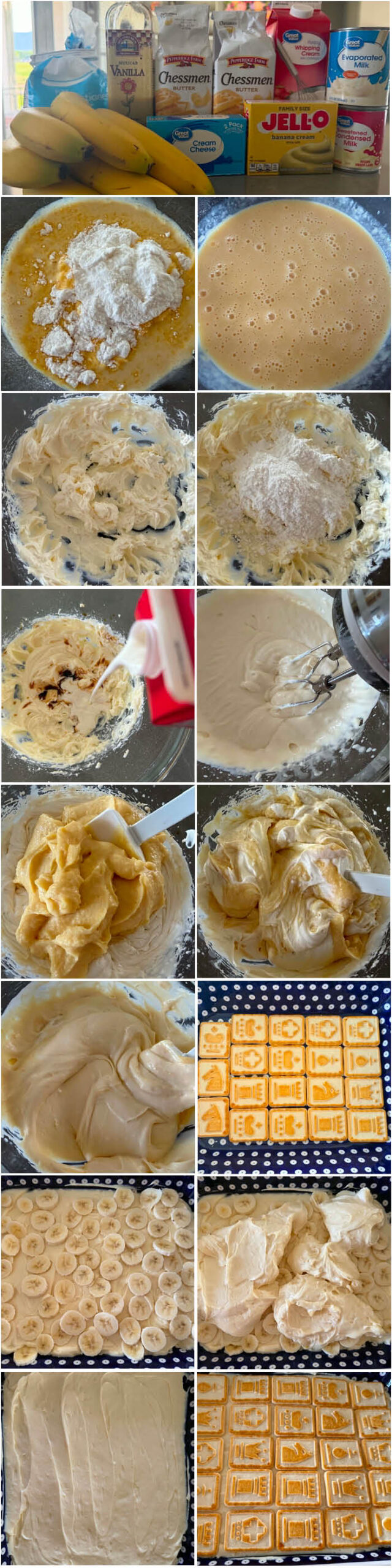 15-photo picture collage of step-by-step photos of how to make Banana Pudding with Chessmen Cookies.