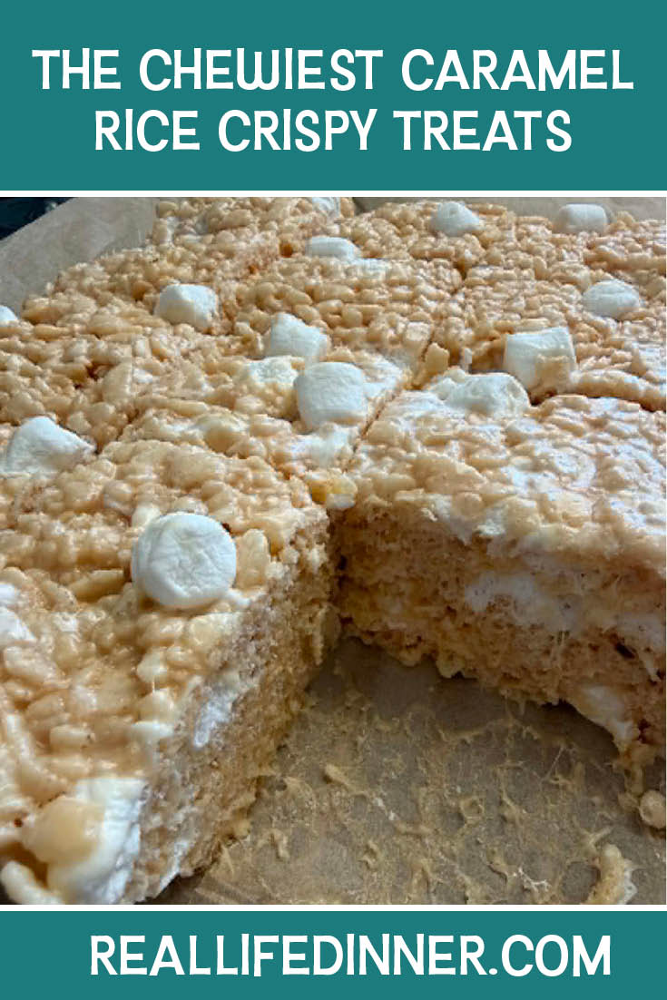 Pinterest picture of The Chewiest Caramel Rice Crispy Treats with the text of the title at the top.