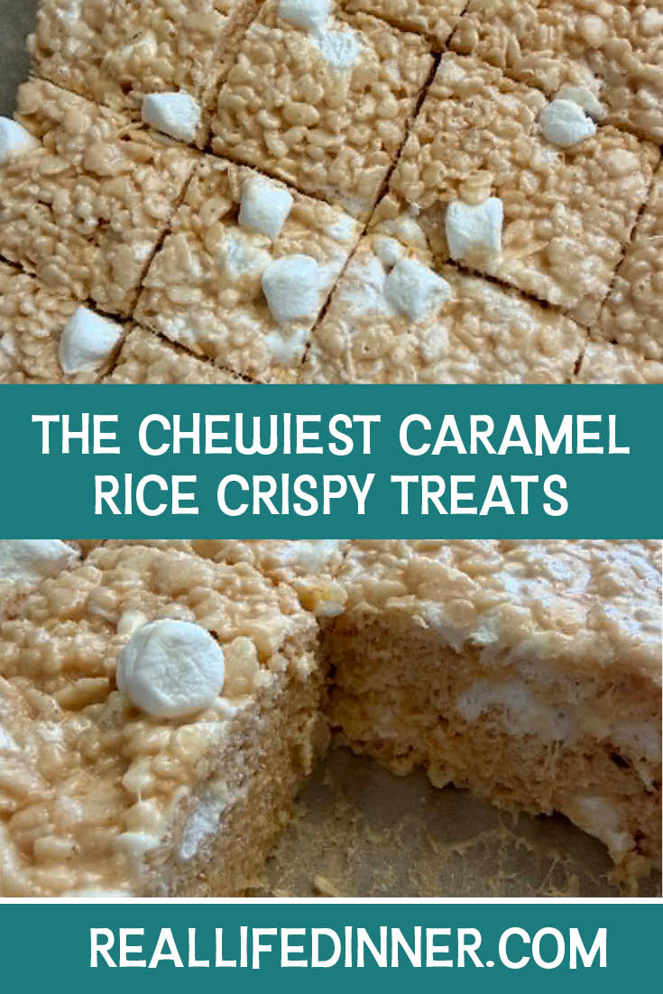Two-photo Pinterest picture of The Chewiest Caramel Rice Crispy Treats with the text of the title in the middle, separating the two photos.