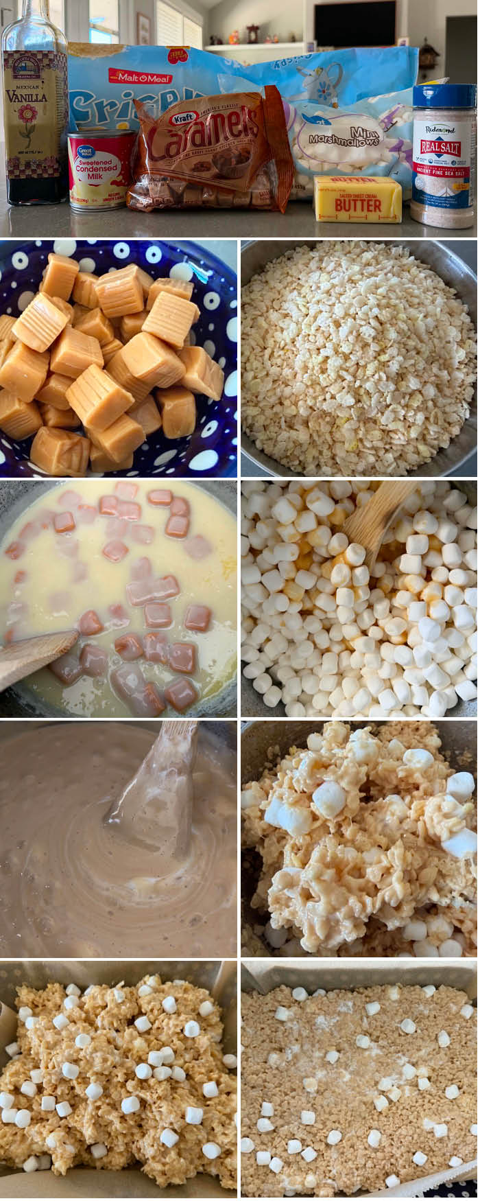 9-photo picture collage of step-by-step photos of how to make the Chewiest Caramel Rice Crispy Treats.