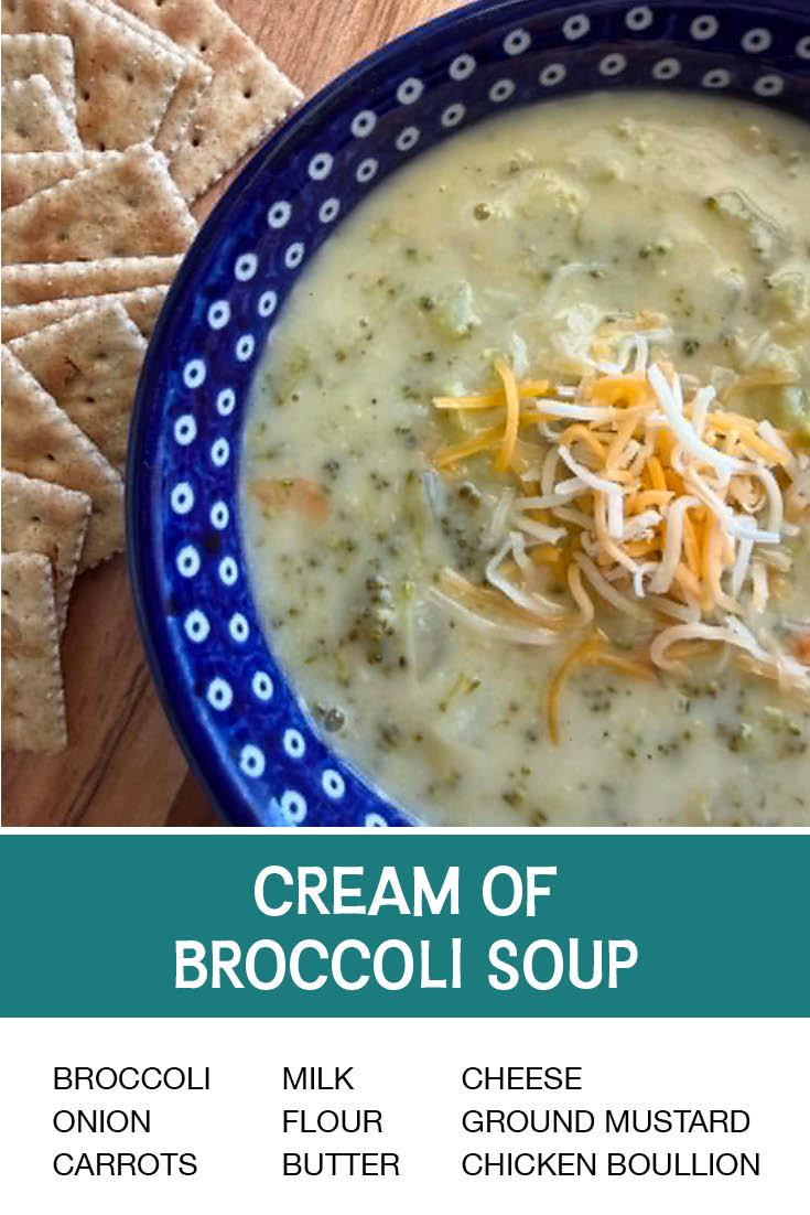 Pinterest picture of Cream of Broccoli Soup with the text of the ingredients at the bottom. The text of the title is directly above the ingredients list.