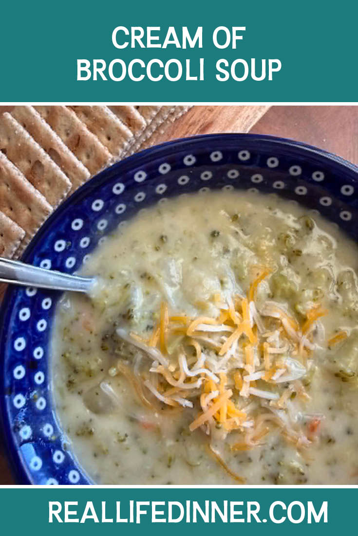 Pinterest picture of Cream of Broccoli Soup with the text of the title at the top.