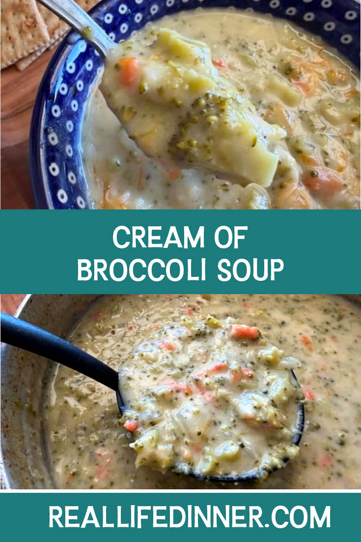 Two-photo Pinterest picture of Cream of Broccoli Soup with the text of the title in the middle, separating the two photos.
