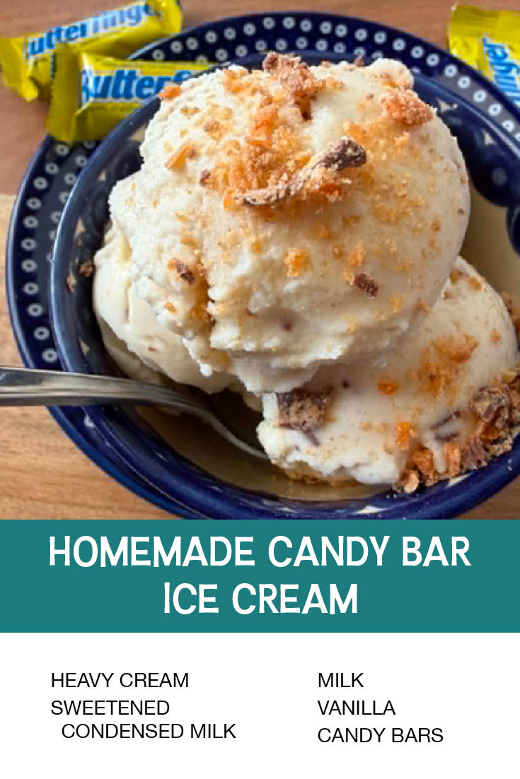 Pinterest picture of Homemade Candy Bar Ice Cream with the text of the ingredients at the bottom and the text of the title directly above it.