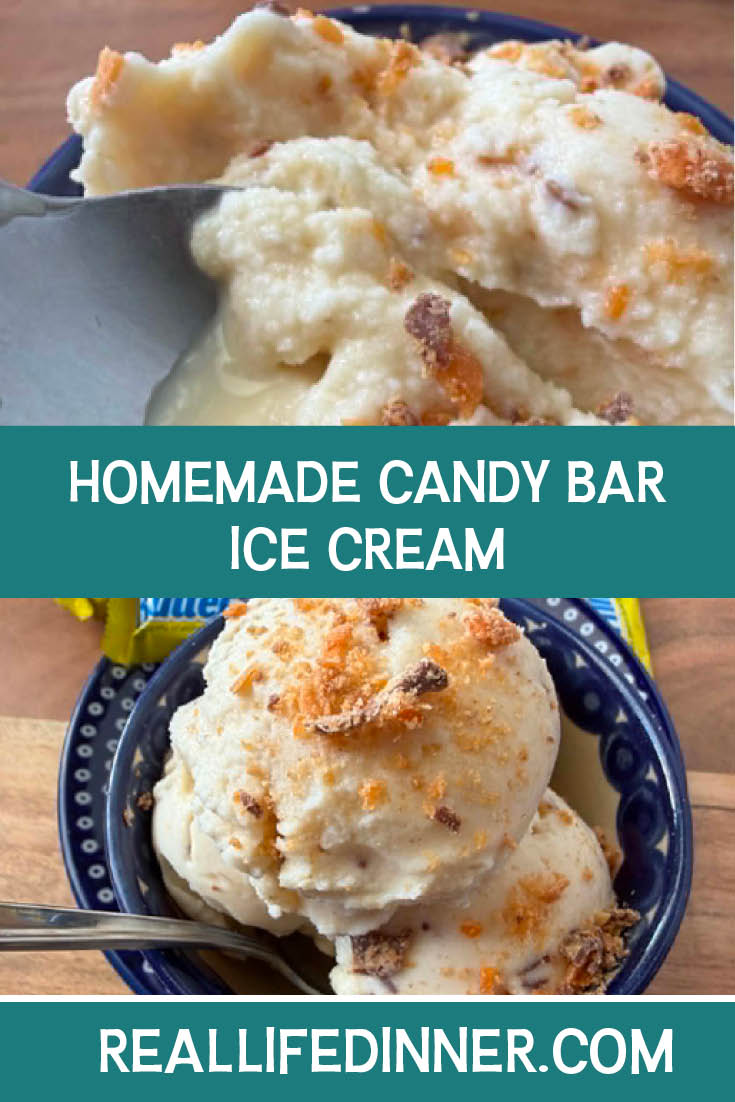Two-photo Pinterest picture of Homemade Candy Bar Ice Cream with the text of the title in the middle, separating the two photos.