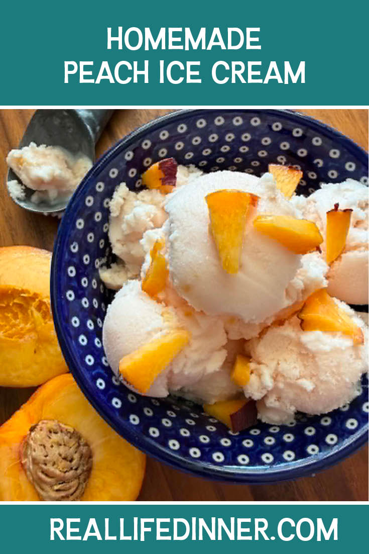 Pinterest picture of Homemade Peach Ice Cream with the text of the title at the top.