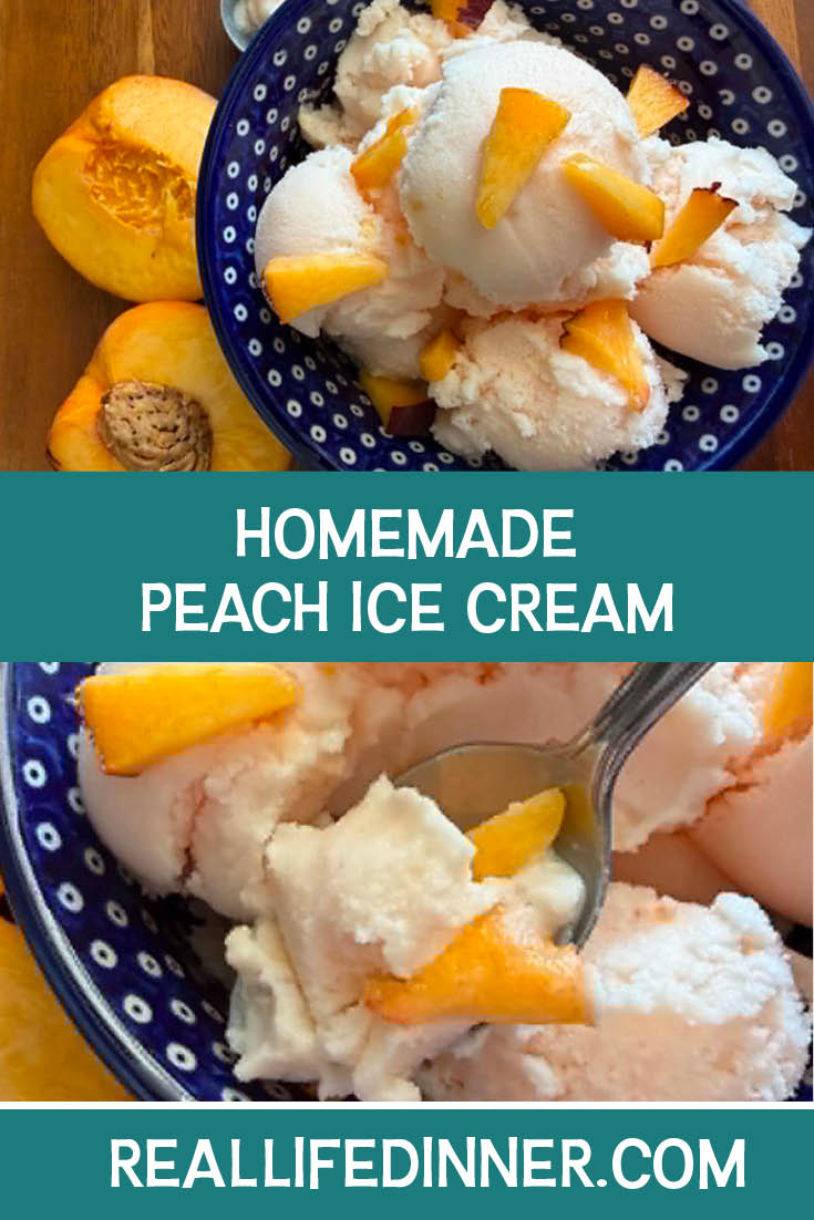 Two-photo Pinterest picture of Homemade Peach Ice Cream with the text of the title in the middle, separating the two photos.