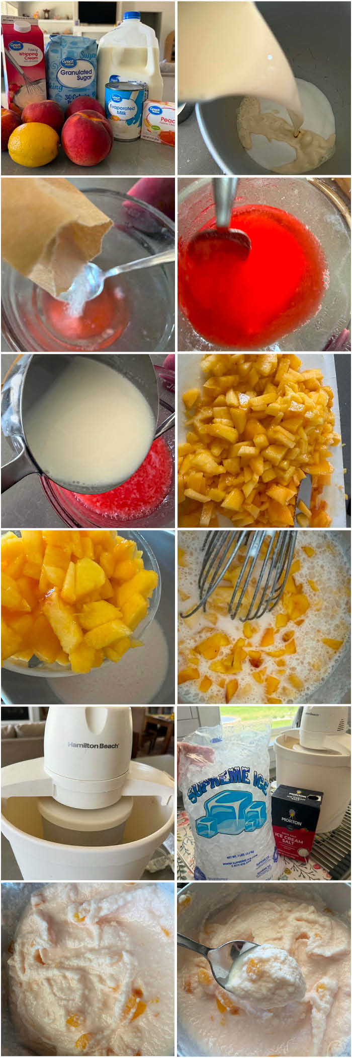 12-photo picture collage of step-by-step photos of How to Make Homemade Peach Ice Cream.