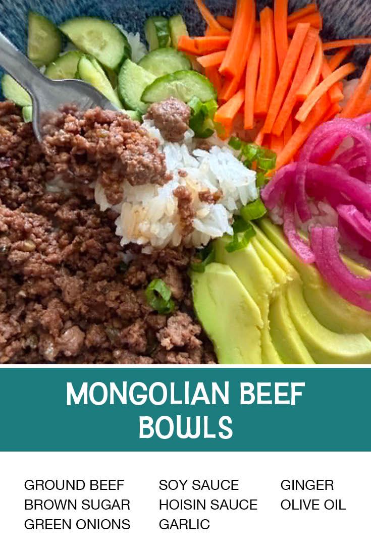 Pinterest picture of Mongolian Beef Bowls with the text of the ingredients at the bottom and the text of the title directly above the ingredients list.