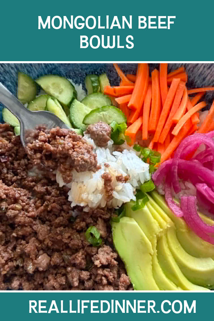 Pinterest photo of Mongolian Beef Bowls with the text of the title at the top.