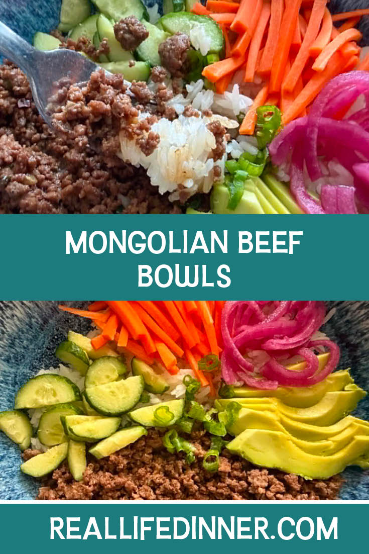 Two-photo Pinterest picture of Mongolian Beef Bowls with the text of the title in the middle, separating the two photos.