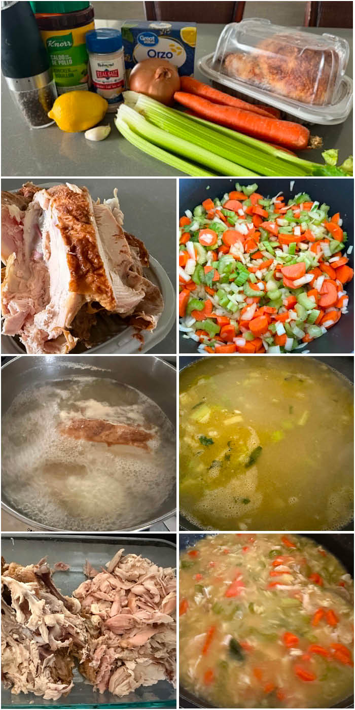 7-photo picture collage of step-by-step photos of how to make rotisserie chicken orzo soup.
