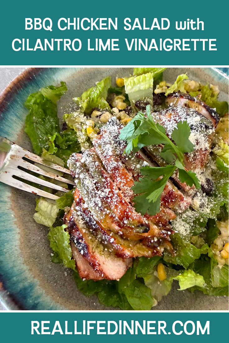 Pinterest picture of BBQ Chicken Salad with Cilantro Lime Vinaigrette with the text of the title at the top.