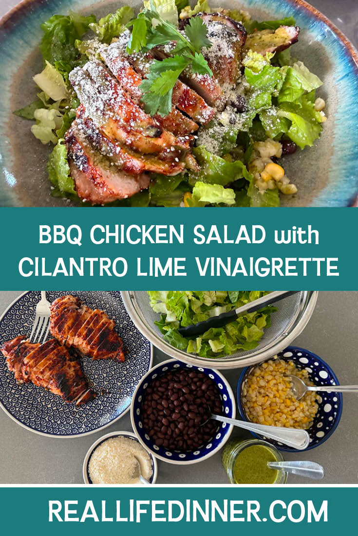 Two-photo Pinterest picture of BBQ Chicken Salad with Cilantro Lime Vinaigrette with the text of the title in the middle, separating the two photos.
