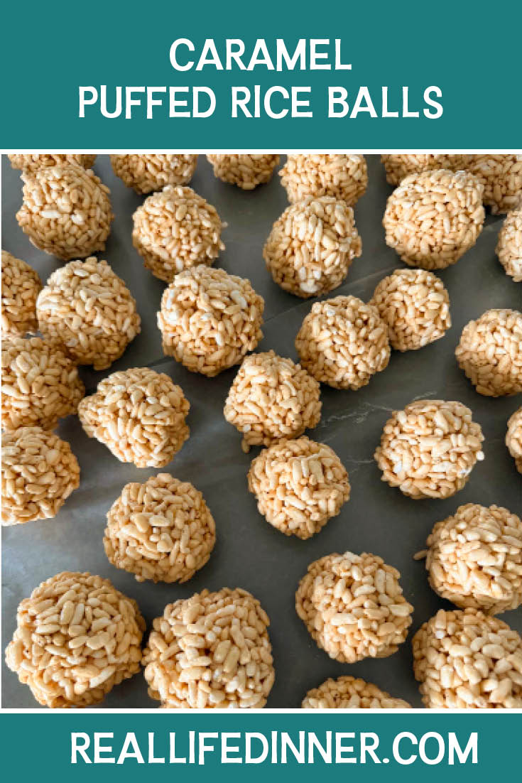 Pinterest picture of Caramel Puffed Rice Balls.