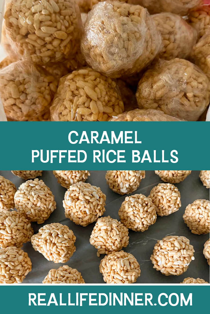 Two-photo Pinterest picture of Caramel Puffed Rice Balls with the text in the middle, separating the two photos.