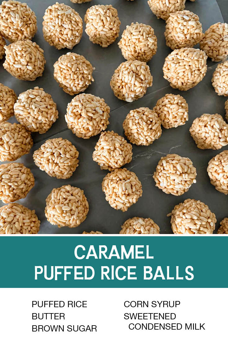 Pinterest picture of Caramel Puffed Rice Balls with the text of the ingredients at the bottom and the text of the title directly above the ingredients list.