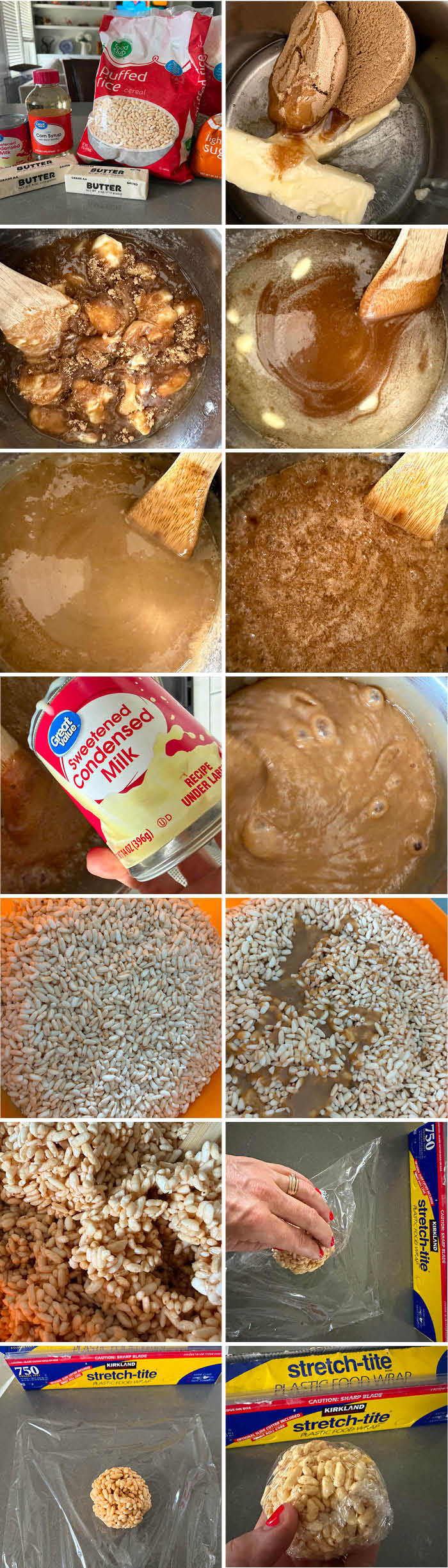 14-photo picture collage of step-by-step photos of How to Make Caramel Puffed Rice Balls.