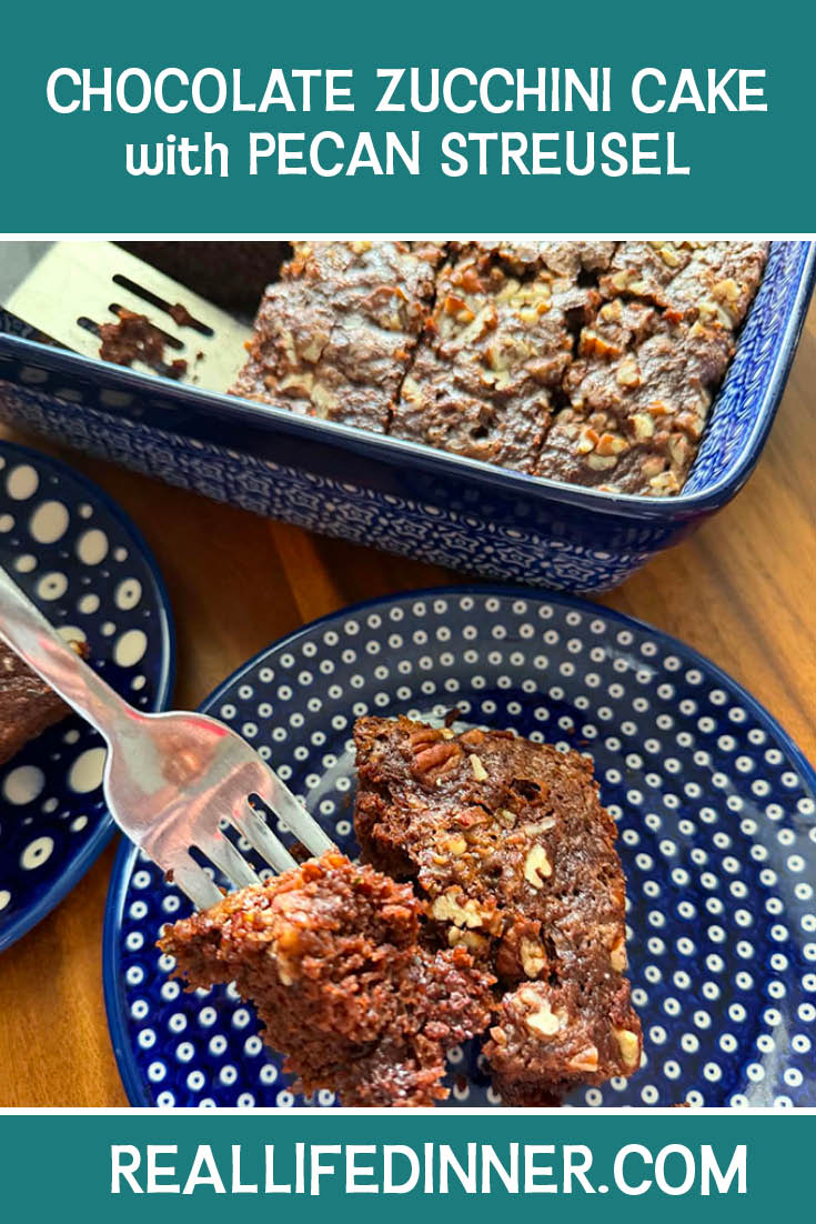 Pinterest picture of Chocolate Zucchini Cake with Pecan Streusel with the text of the title at the top.