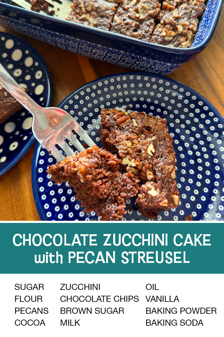 Pinterest picture of Chocolate Zucchini Cake with Pecan Streusel with the text of the ingredients at the bottom and the text of the title directly above the ingredients list.