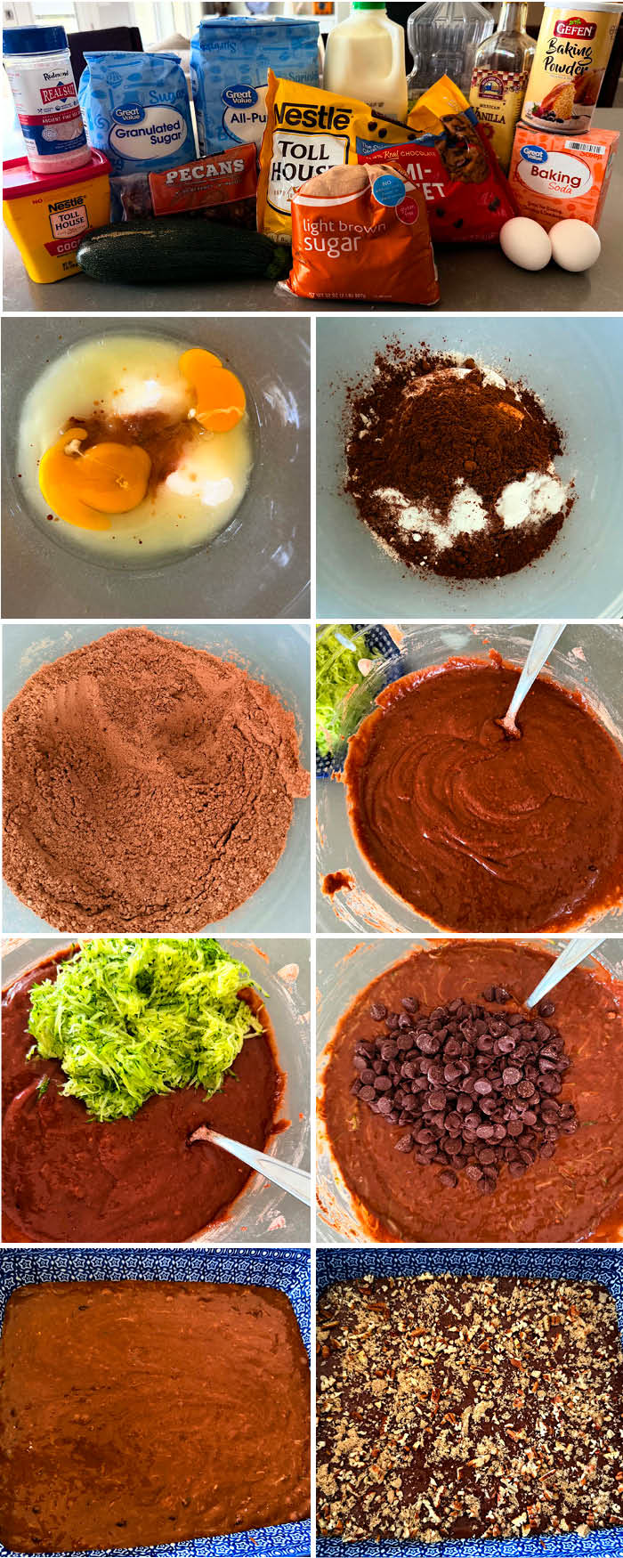 9-photo picture collage of step-by-step photos of How to Make Chocolate Zucchini Cake with Pecan Streusel.