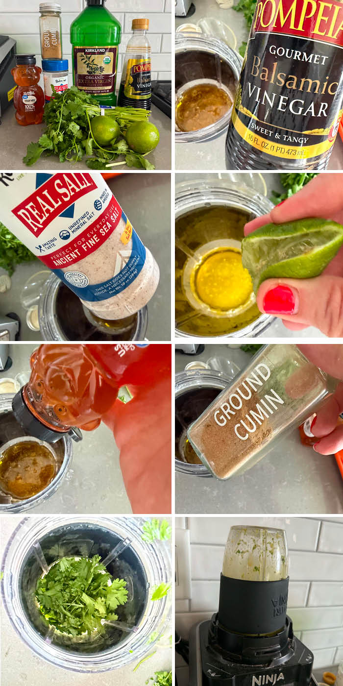 8-photo picture collage of step-by-step photos of how to make cilantro lime vinaigrette.