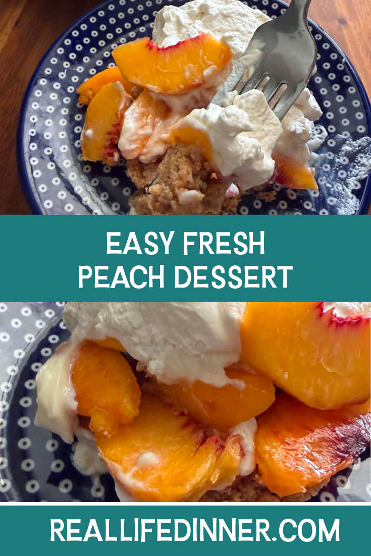 Two-photo Pinterest picture of Easy Fresh Peach Dessert with the text of the title in the middle, separating the two photos.