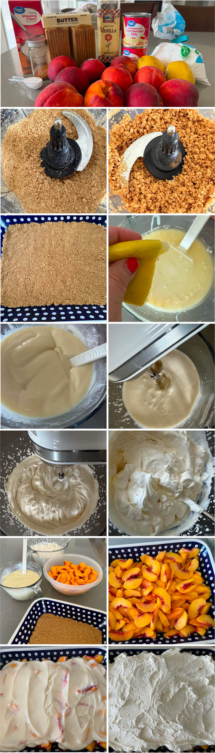 13-photo picture collage of step-by-step photos of how to make easy fresh peach dessert.