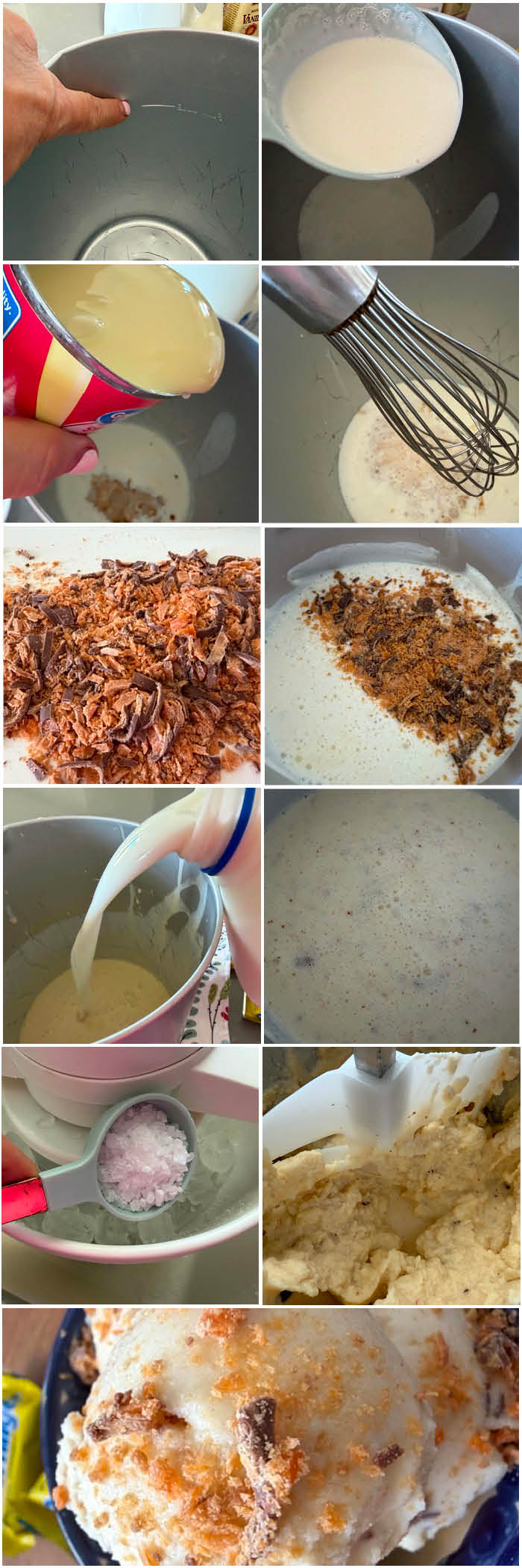 12-photo picture collage of step-by-step photos for how to make Homemade Candy Bar Ice Cream.
