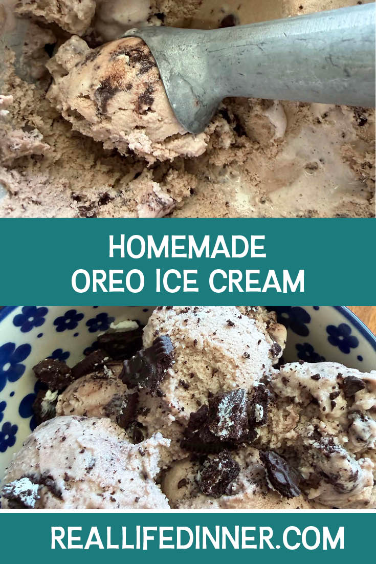 Two-photo Pinterest picture of Homemade Oreo Ice Cream with the text of the title in the middle, separating the two photos.