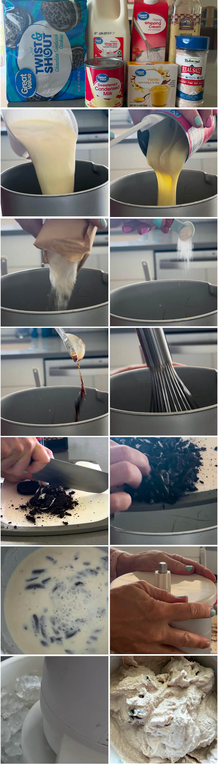 13-photo picture collage of step-by-step photos of how to make Homemade Oreo Ice Cream.