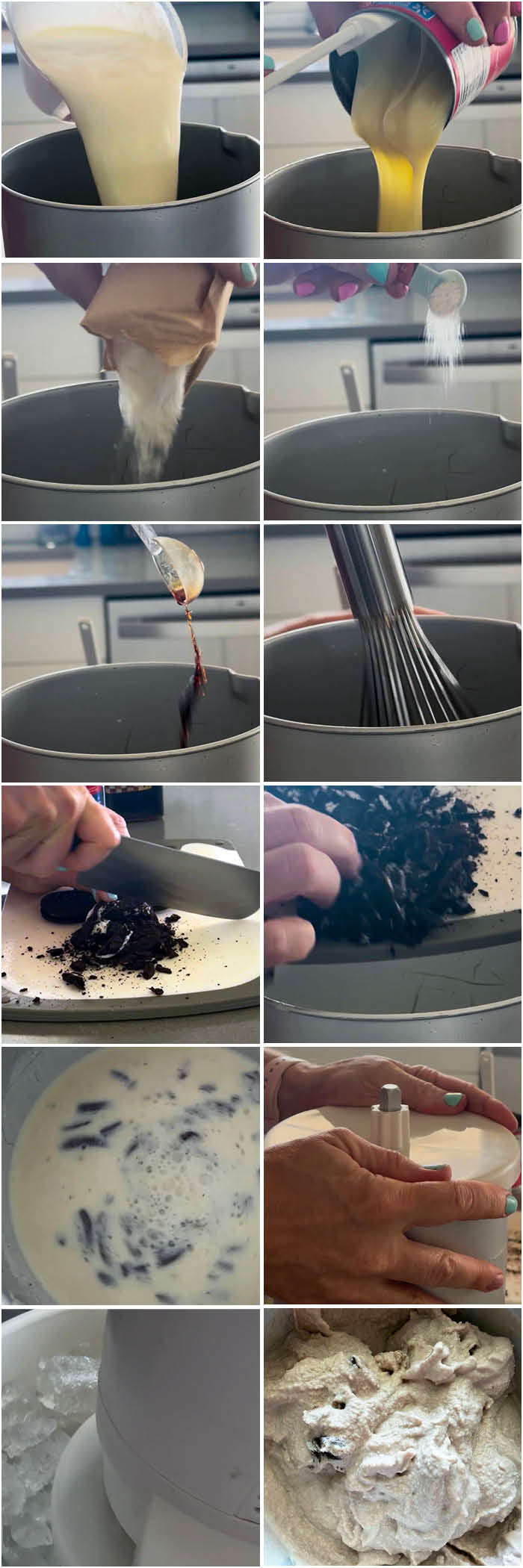 12-photo picture collage of step-by-by photos of how to make Homemade Oreo Ice Cream.
