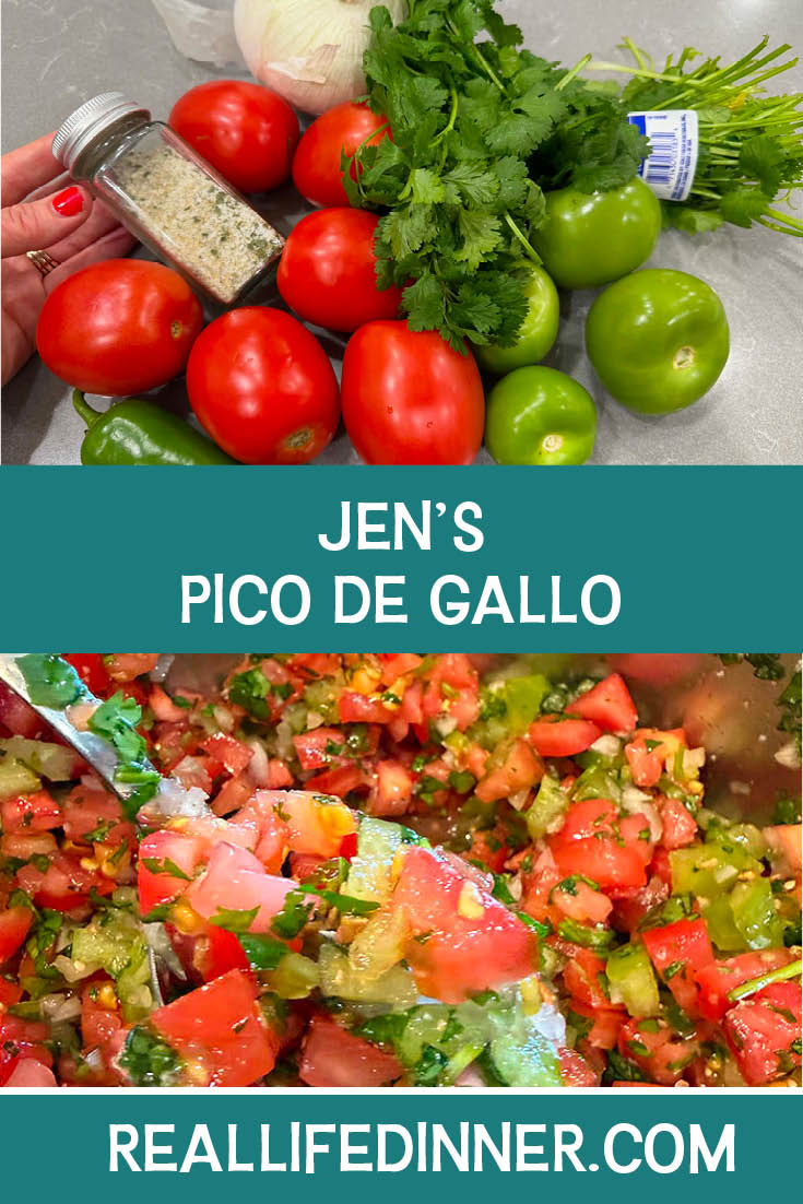 Two-photo Pinterest picture of Jen's Pico de Gallo with the text of the title in the middle, separating the two photos.