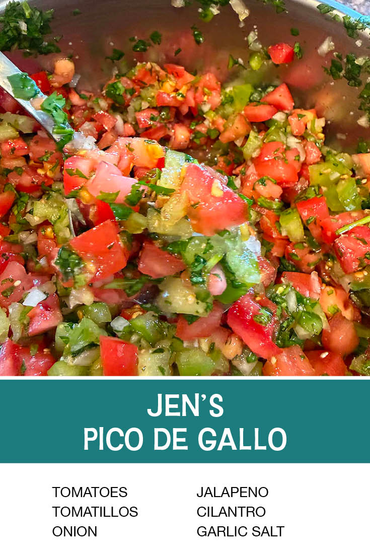 Pinterest picture of Jen's Pico de Gallo with the text of the ingredients at the bottom and the text of the title directly above the ingredients list.