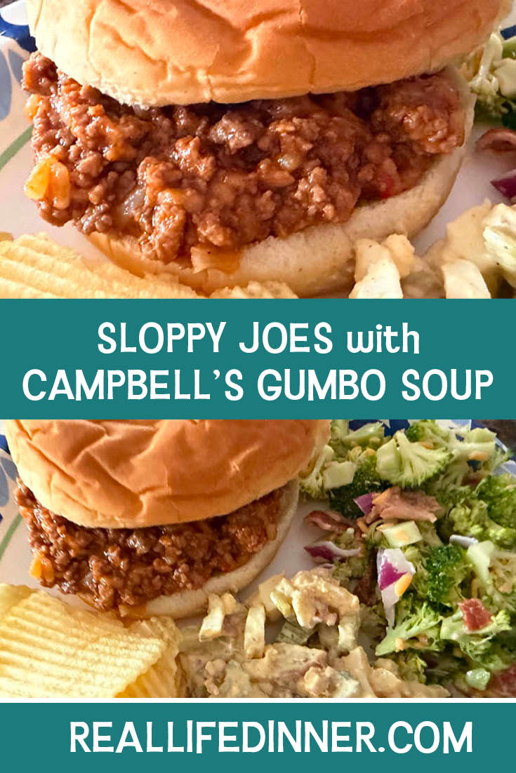Two-photo Pinterest picture of Sloppy Joes with Cambell's Gumbo Soup with the text of the title in the middle, separating the two photos.